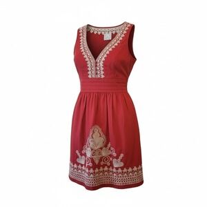VTG 2000s Women's Embroidered Red Cotton Boho Dress Small White Trim‎